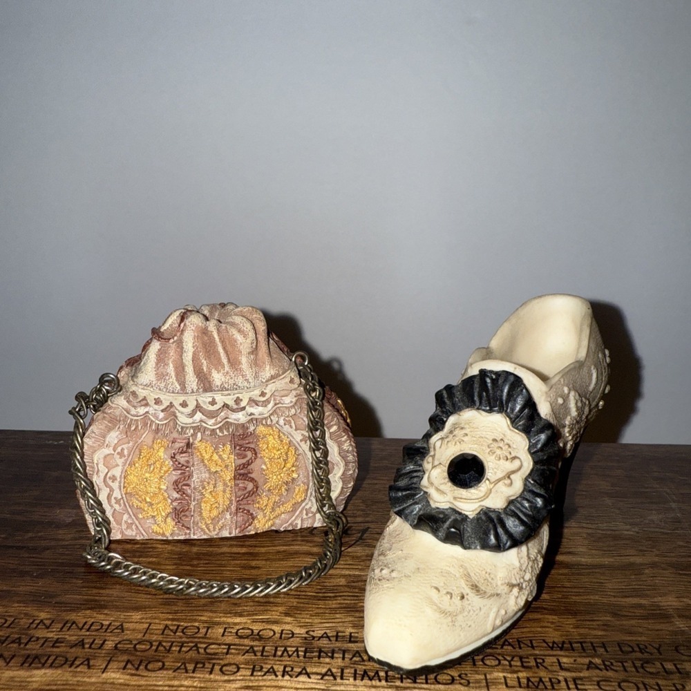 Mini Purple/Gold High Heeled Shoe, & Purse -Resin Figurines